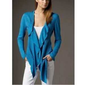 EILEEN FISHER cotton linen mélange knit cascade waterfall blue cardigan sweater